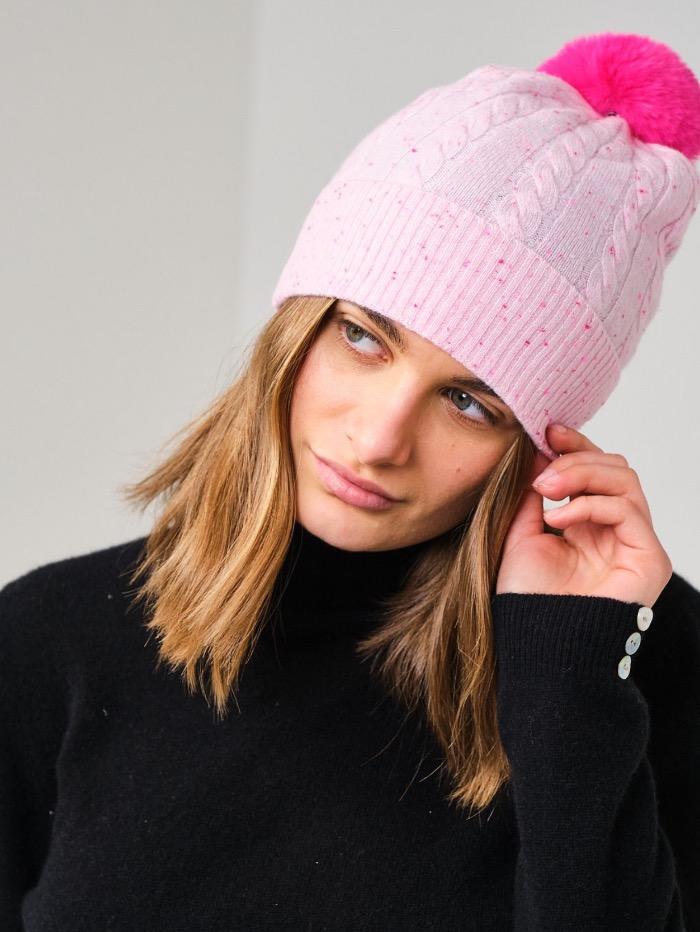 Brodie Cashmere S Miss Cable Hat With Fuchsia Faux Fur Pom Pom