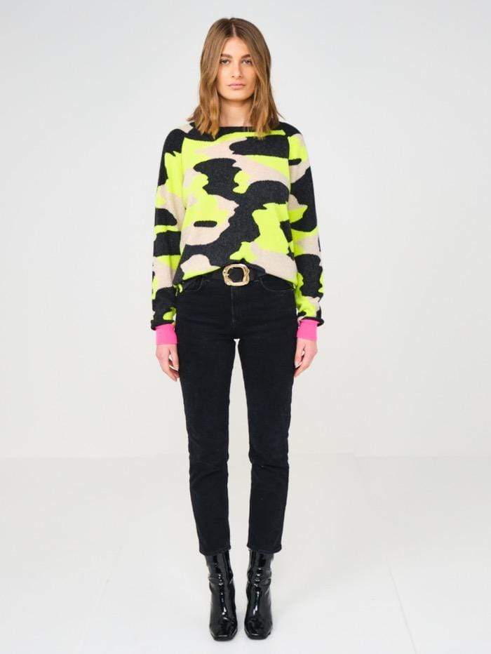 Brodie Cashmere Camo Charcoal Neon Yellow Jumper