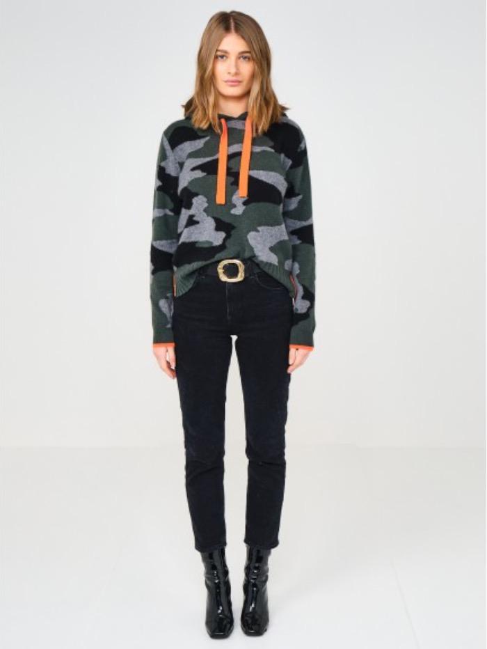 Brodie Cashmere Chloe Camo Hoodie Khaki with Neon Orange