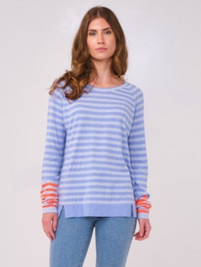 Brodie Cashmere T Cotton and Silk Mix STRIPED RAGLAN Frost Blue