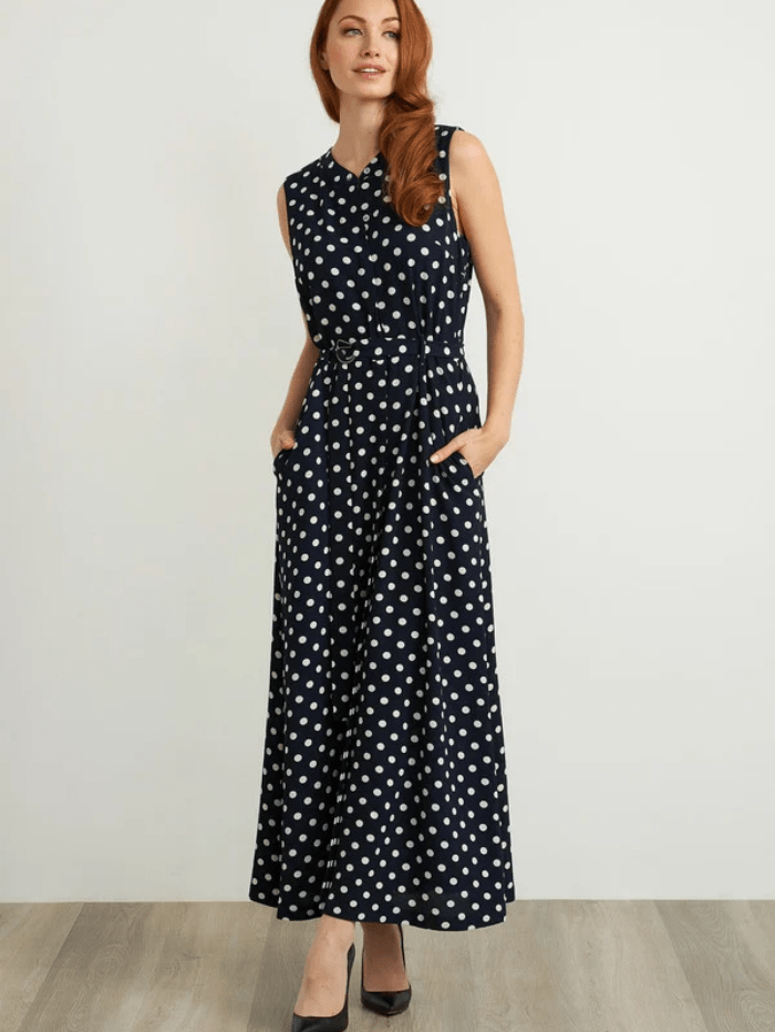 Joseph Ribkoff Navy Polka Dot Belted Maxi Dress 211027 299 A