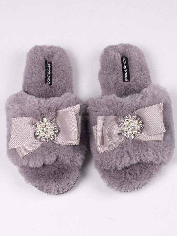 Pretty You T London Anya Mink Pale Grey Slippers Izzi of Baslow