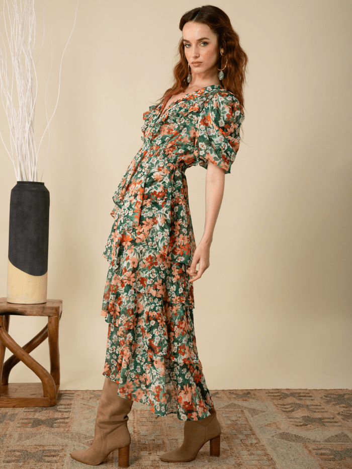 Hale Bob Dresses Hale Bob DREAM Tiered Chiffon Dress In Green 45WR642A izzi-of-baslow