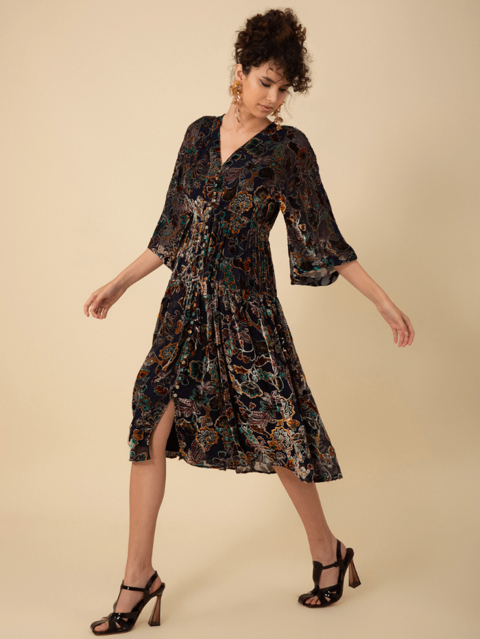 Hale Bob Dresses Hale Bob RAVEN Velvet Burnout Midi Dress In Navy 47DY620A izzi-of-baslow