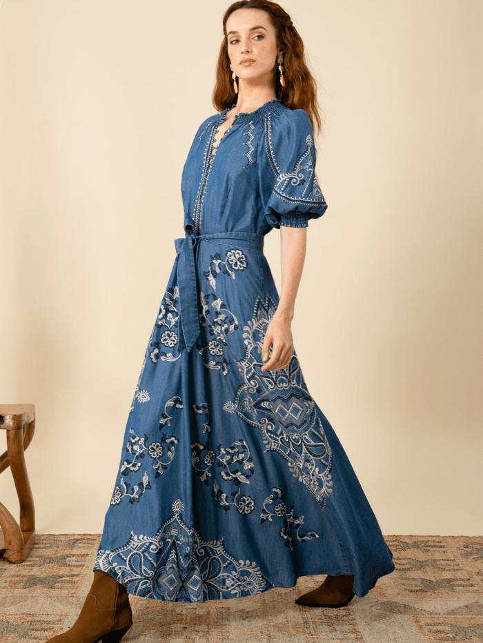 Hale Bob Dresses Hale Bob WYNTER Embroidered Chambray Midi Dress In Blue 45MW632T izzi-of-baslow