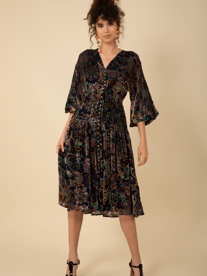 Hale Bob Dresses XS Hale Bob RAVEN Velvet Burnout Midi Dress In Navy 47DY620A izzi-of-baslow