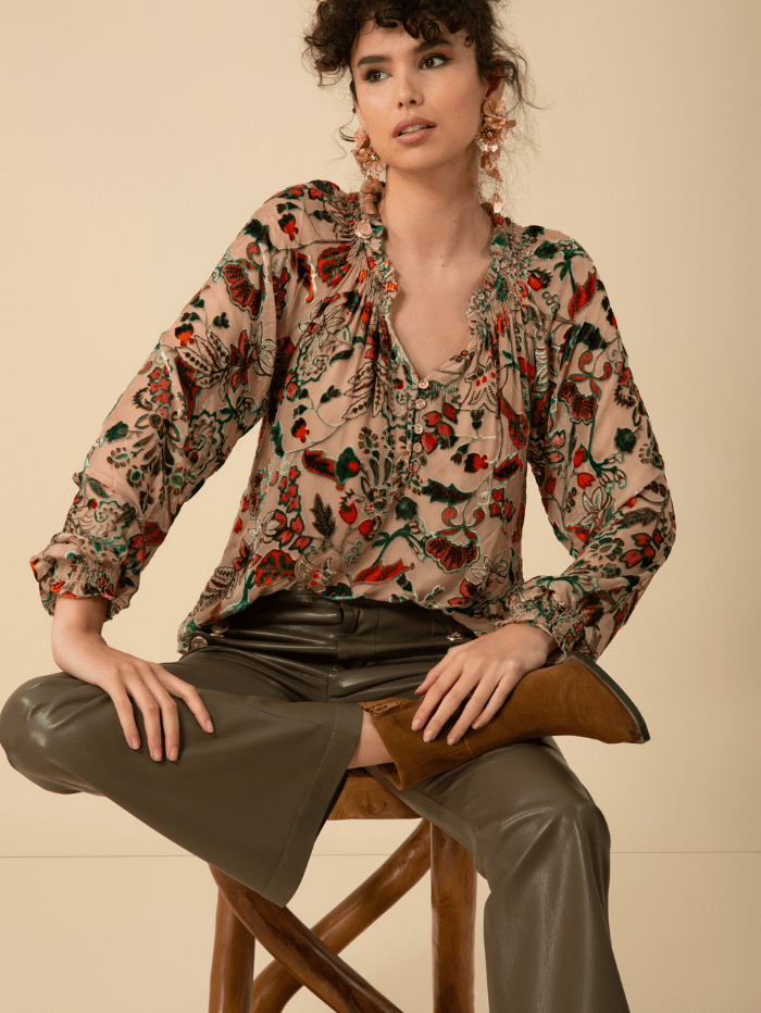 Hale Bob Tops Hale Bob LIANI Velvet Burnout Silk Blend Blouse In Beige 47DY224A izzi-of-baslow