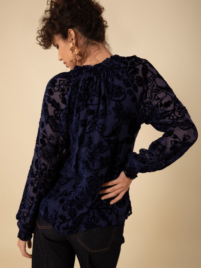 Hale Bob Tops Hale Bob LIANI Velvet Burnout Silk Blend Blouse In Navy 47DY224S izzi-of-baslow