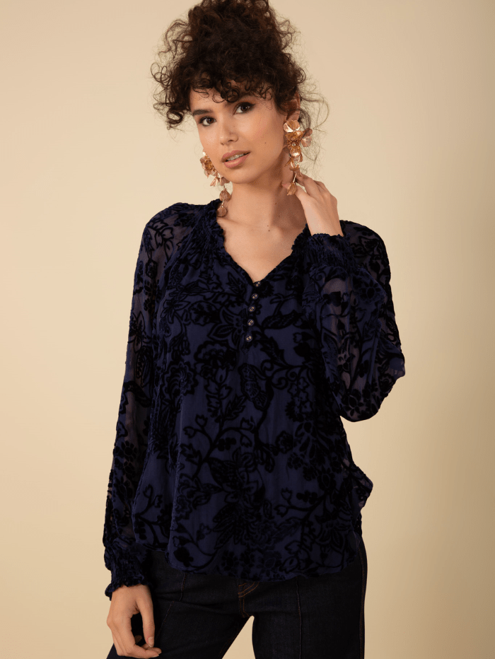 Hale Bob Tops XS Hale Bob LIANI Velvet Burnout Silk Blend Blouse In Navy 47DY224S izzi-of-baslow