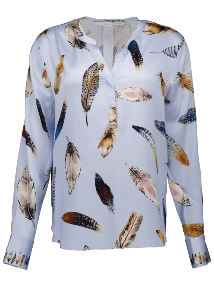 Herzen’s Angelegenheit Tops 34/UK8 Herzen’s Angelegenheit Silk Blouse In Blue With Feather Print 25241-6086-241015 izzi-of-baslow