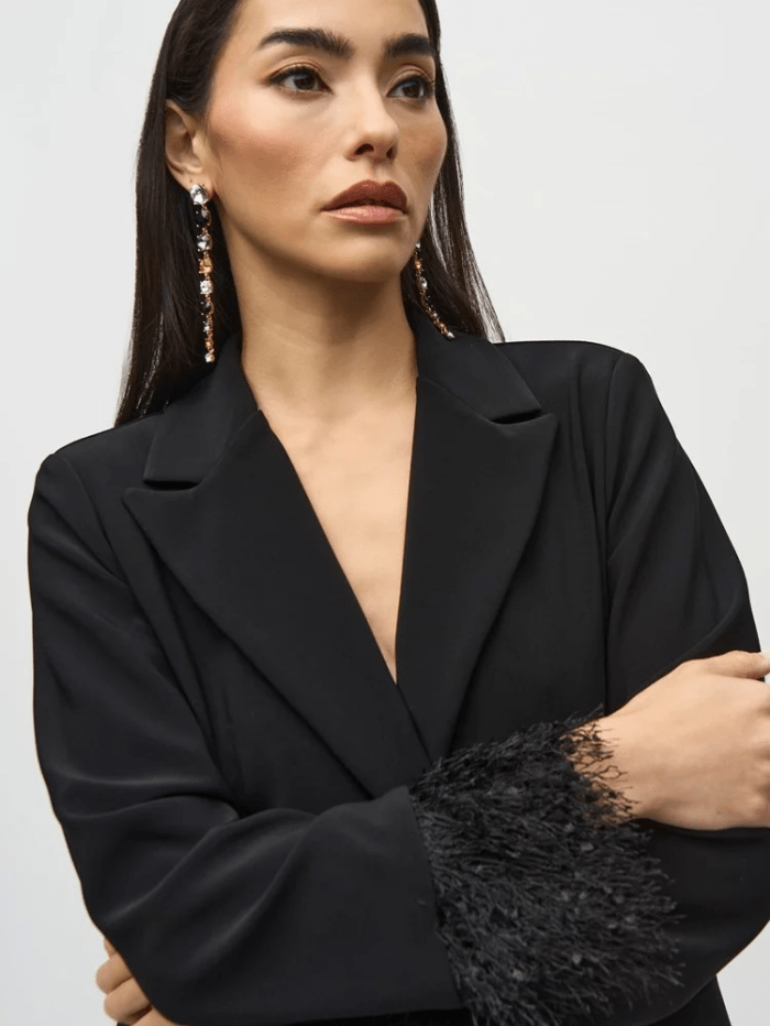 Joseph Ribkoff Coats and Jackets Joseph Ribkoff Black Silky Knit Blazer With Fringed Cuffs 244194 Col 11 izzi-of-baslow