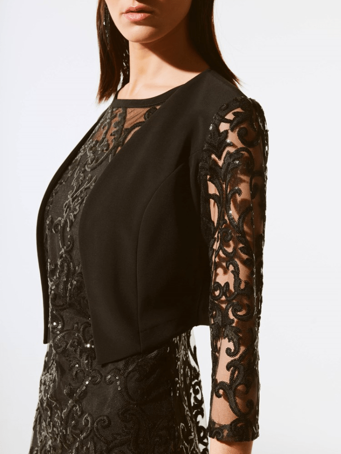 Joseph Ribkoff Coats and Jackets Joseph Ribkoff Black Silky Knit Bolero With Sequins And Lace 243737 Col 11 izzi-of-baslow