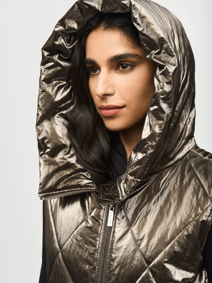 Joseph Ribkoff Coats and Jackets Joseph Ribkoff Quilted Hooded Puffer Gilet In Metallic Taupe 243940 Col 8012 izzi-of-baslow