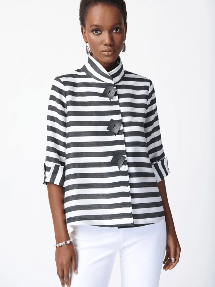 Joseph Ribkoff Coats and Jackets Joseph Ribkoff Striped Jacquard Trapeze Jacket In Black And Off White 241253 Col 511 izzi-of-baslow