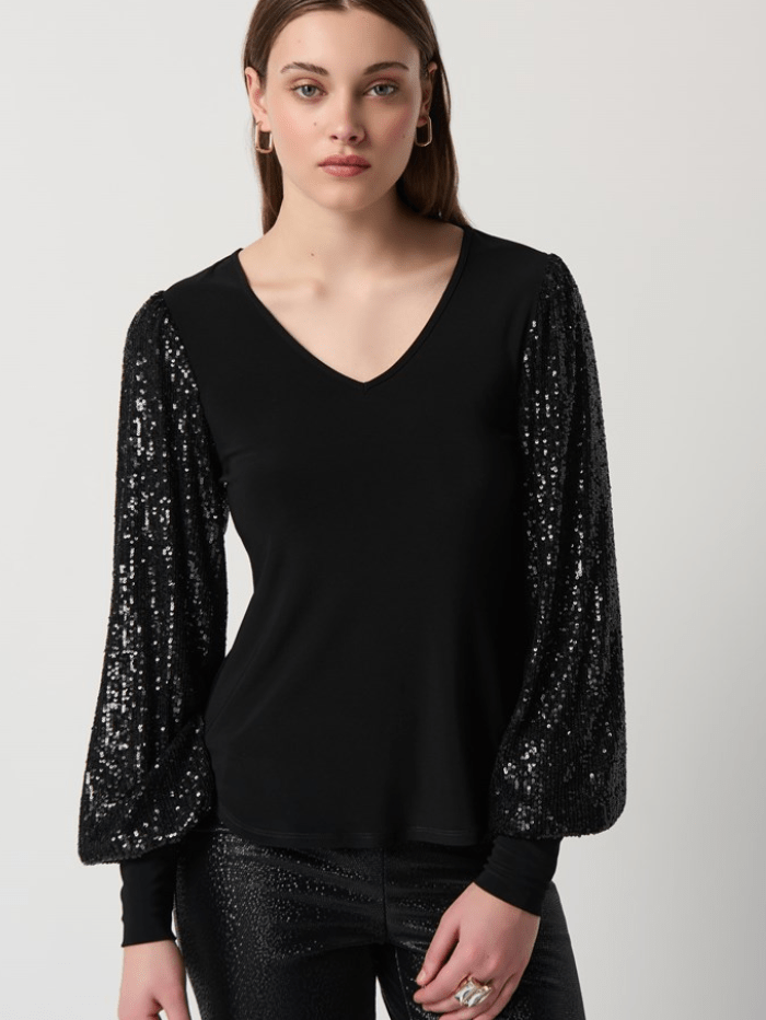 Joseph-Ribkoff-Black-Silky-Knit-Sequins-Puff-Sleeve-Top 234130 Col 278 izzi-of-baslow