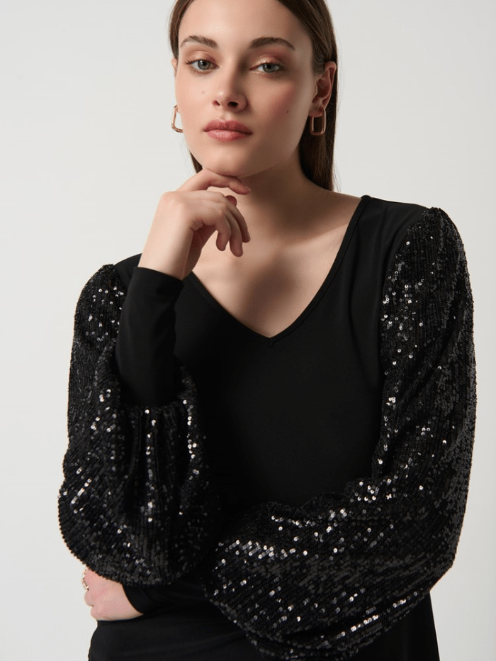 Joseph-Ribkoff-Black-Silky-Knit-Sequins-Puff-Sleeve-Top 234130 Col 278 izzi-of-baslow