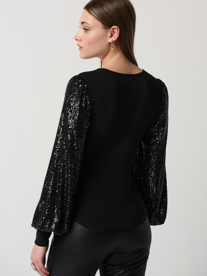 Joseph-Ribkoff-Black-Silky-Knit-Sequins-Puff-Sleeve-Top 234130 Col 278 izzi-of-baslow