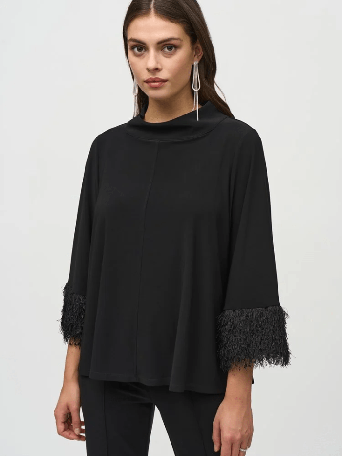 Joseph Ribkoff Tops Joseph Ribkoff Silky Knit Trapeze Top With Fringed Cuffs 244195 Col 11 izzi-of-baslow