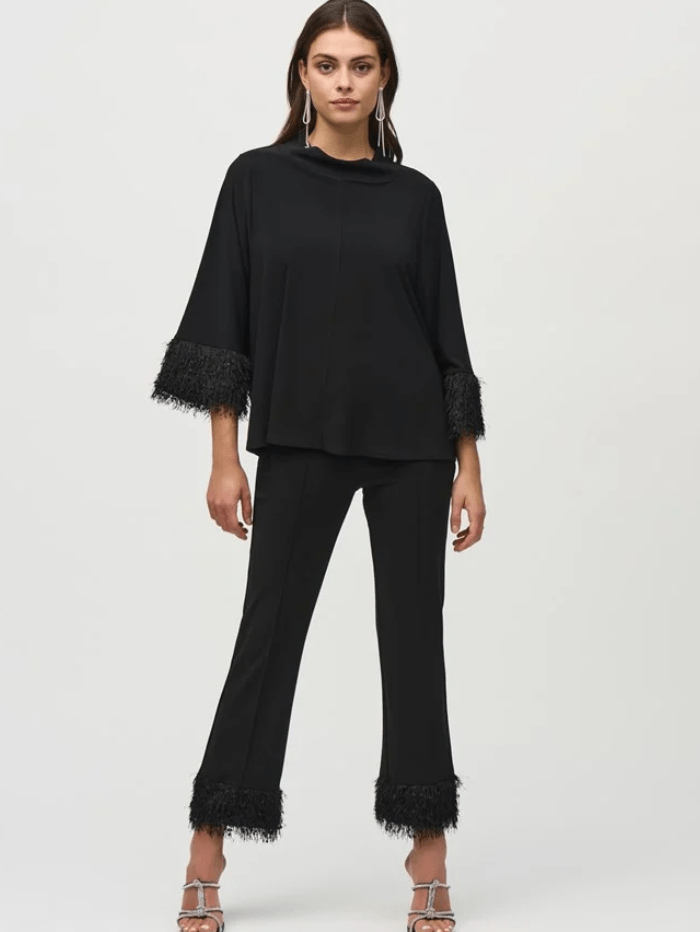 Joseph Ribkoff Tops Joseph Ribkoff Silky Knit Trapeze Top With Fringed Cuffs 244195 Col 11 izzi-of-baslow