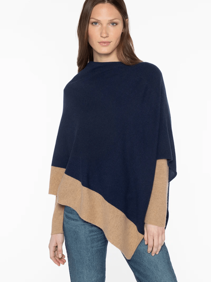 KINROSS Knitwear One Size Kinross Cashmere Contrast Trim Poncho In Navy And Camel LFAC4-264 izzi-of-baslow