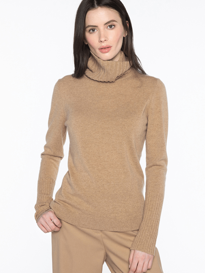 KINROSS Knitwear S Kinross Cashmere Chunky Trim Turtleneck Jumper In Camel LFSC3-112 izzi-of-baslow