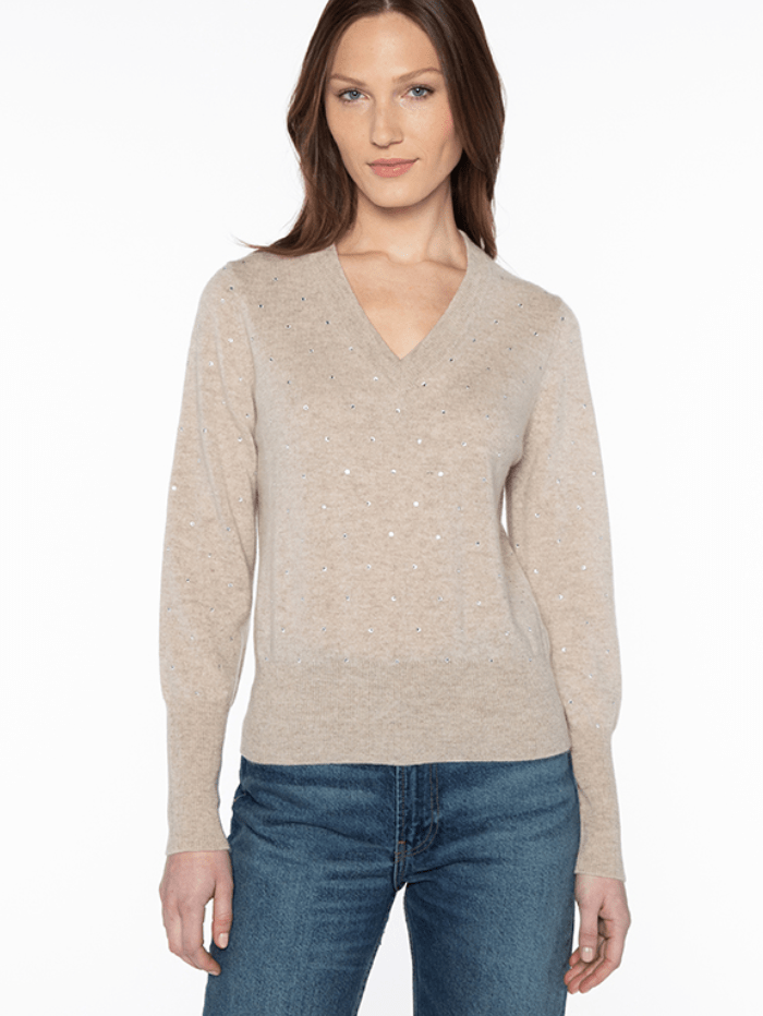 KINROSS Knitwear S Kinross Cashmere Crystal Vee Jumper In Mushroom LFSC3-295 izzi-of-baslow