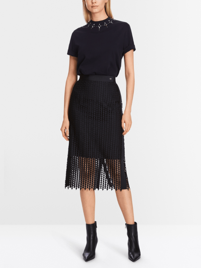 Marc Cain Collections Skirts Marc Cain Collections Openwork Midi Skirt In Midnight Blue XC 71.10 W36 COL 395 izzi-of-baslow