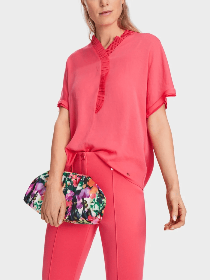 Marc-Cain-Collections-Short-Sleeve-Blouse-In-Neon-Soft-Coral-XC 51.07 W39 COL 240 izzi-of-baslow