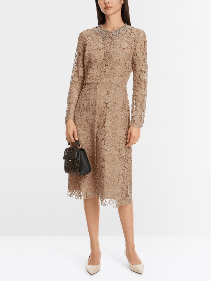 Marc Cain Glam Dresses Marc Cain Glam Guipure Lace Dress In Shiny Sand XG 21.11 W12 COL 625 izzi-of-baslow