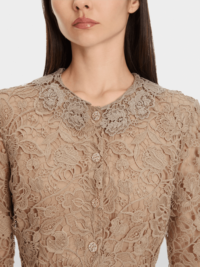 Marc Cain Glam Dresses Marc Cain Glam Guipure Lace Dress In Shiny Sand XG 21.11 W12 COL 625 izzi-of-baslow