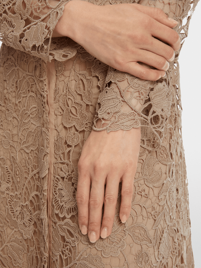 Marc Cain Glam Dresses Marc Cain Glam Guipure Lace Dress In Shiny Sand XG 21.11 W12 COL 625 izzi-of-baslow