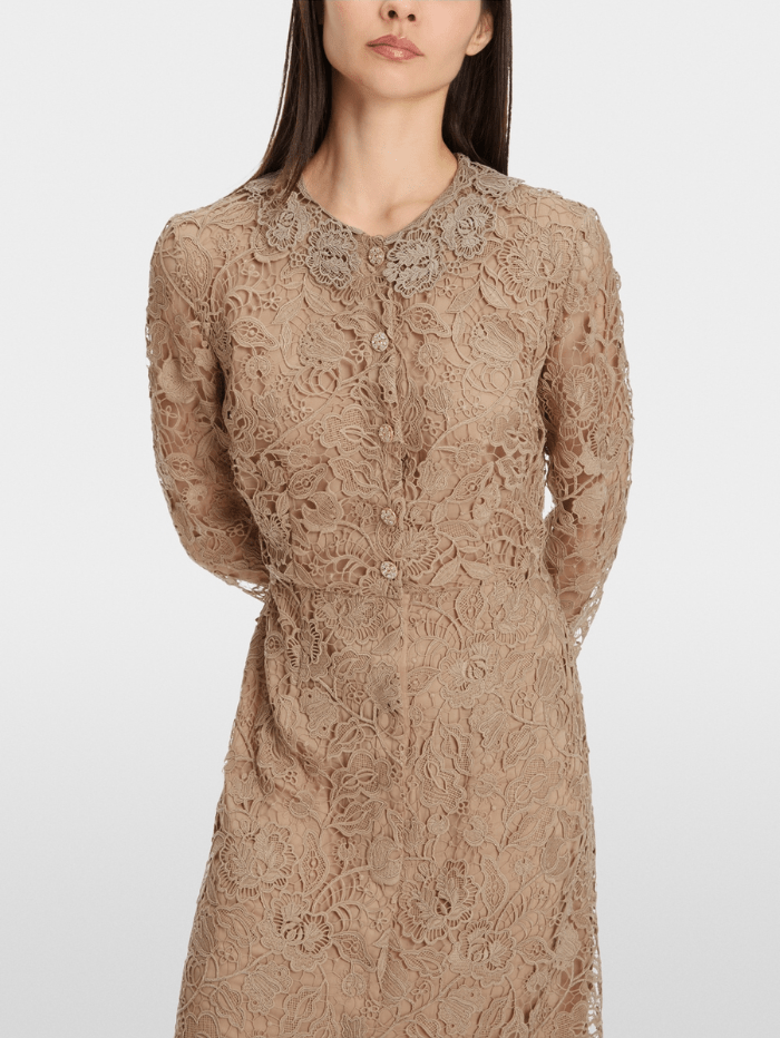 Marc Cain Glam Dresses Marc Cain Glam Guipure Lace Dress In Shiny Sand XG 21.11 W12 COL 625 izzi-of-baslow