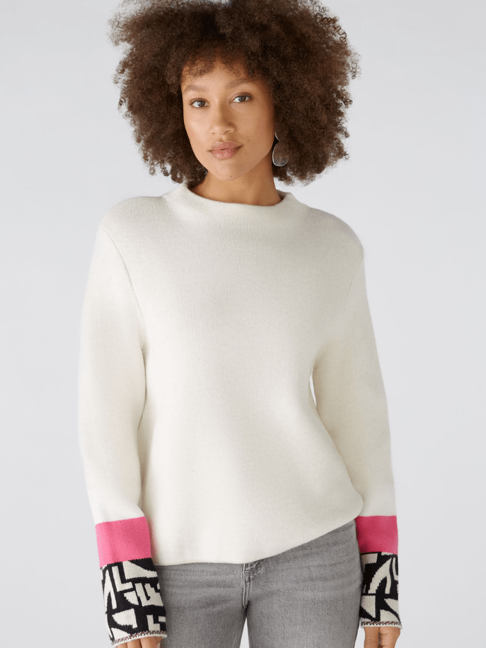 Oui Knitwear Oui Viscose Blend Jumper In Light Stone And Pink 89584 Col 0713 izzi-of-baslow