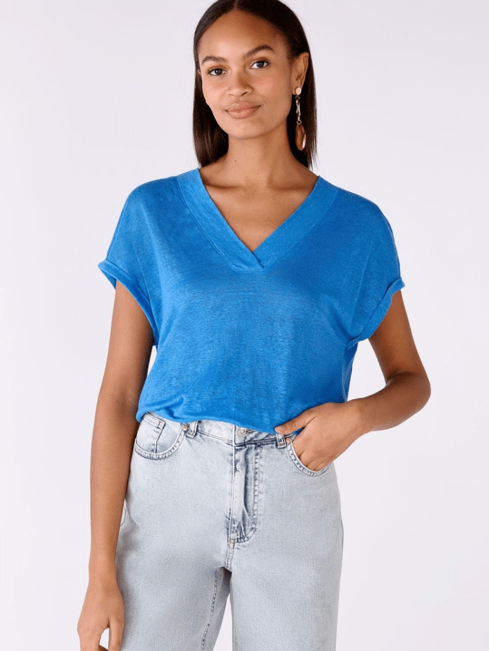 Oui Linen V Neck T Shirt in Azure Blue 79224 5288 izzi-of-baslow