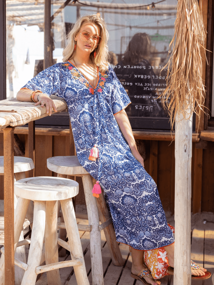 Place du Soleil Dresses Place Du Soleil Blue And White Embroidered Maxi Dress S24 427 izzi-of-baslow