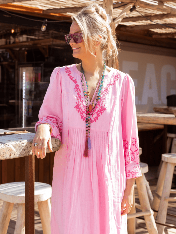 Place du Soleil Dresses Place Du Soleil Pink Embroidered Maxi Dress S24 308 izzi-of-baslow