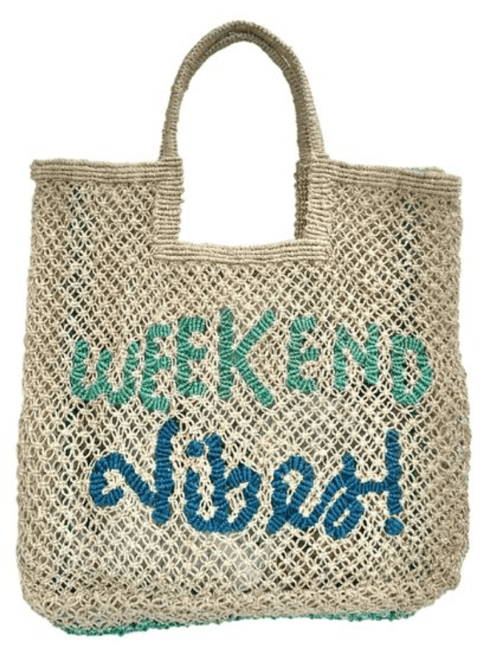 The Jacksons Accessories Large The Jacksons London WEEKEND VIBES In Natural, Aqua And Cobalt Jute Bag izzi-of-baslow