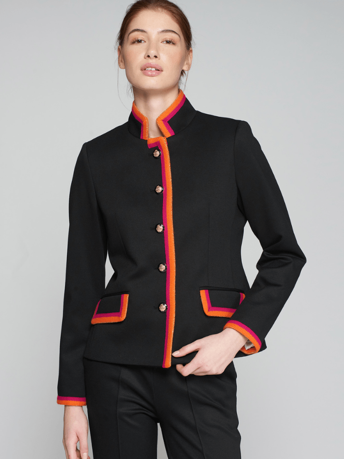 Vilagallo Coats &amp; Jackets UK 8/ 38 Vilagallo DOROTHEA Black Twill Jacket With Pink And Orange Border 31804 izzi-of-baslow