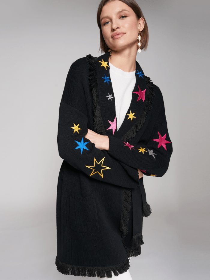 Vilagallo Knitwear XS Vilagallo BEATRIZ RODEO Long Black Cardigan With Star Embroidery 31641 izzi-of-baslow