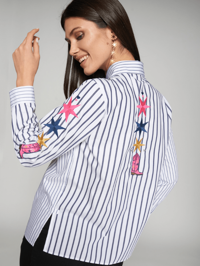 Vilagallo Tops UK 8/ 38 Vilagallo NADINE White And Navy Striped Shirt With Star Embroidery 31567 izzi-of-baslow