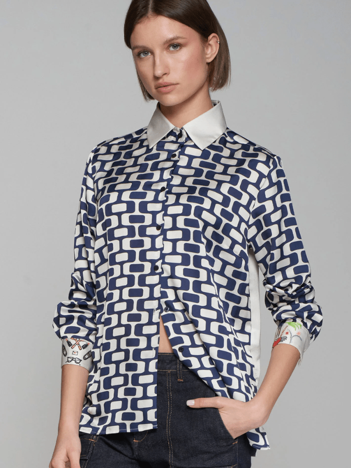 Vilagallo Tops Vilagallo IRINA Geometric Navy And Multi Print Shirt Blouse 31846 izzi-of-baslow