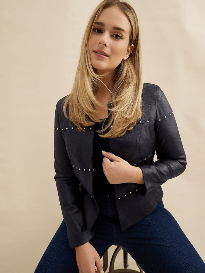 Joseph Ribkoff Coats and Jackets Joseph Ribkoff Navy Vegan Leather Studded Jacket 232904 2166 izzi-of-baslow