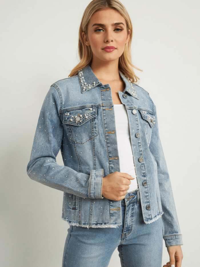 Joseph Ribkoff Coats and Jackets Joseph Ribkoff Pearl Detail Denim Jacket 211905P 47 izzi-of-baslow