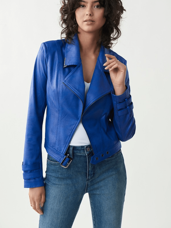 Joseph Ribkoff Coats and Jackets Joseph Ribkoff Sapphire Blue Faux Leather Moto Jacket 221913 2922 izzi-of-baslow