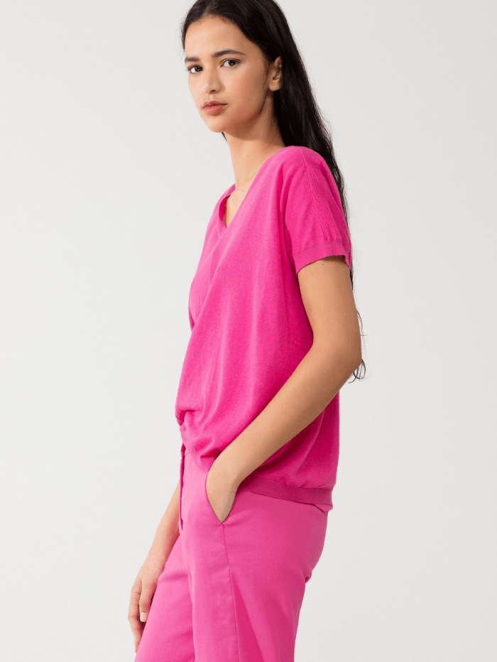 Luisa Cerano Knitwear 8/34 Luisa Cerano Linen V-neck Jumper Hot Pink 138909/5071 izzi-of-baslow