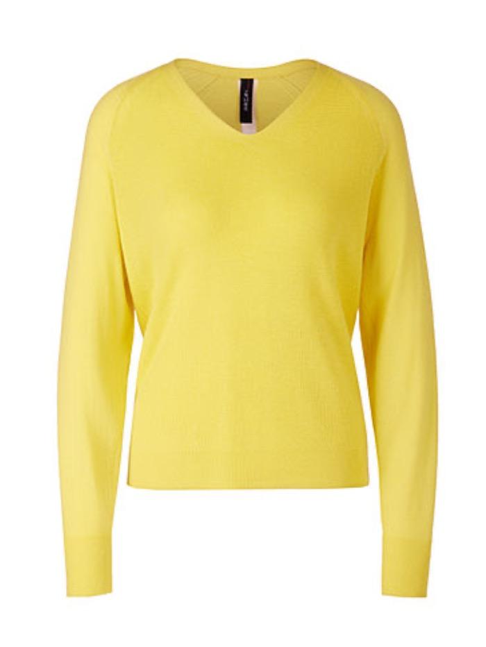 Marc Cain Sports Knitwear Marc Cain Sports Contrasting Stripe Yellow V Necked Jumper QS 41.08 M80 425 Y izzi-of-baslow