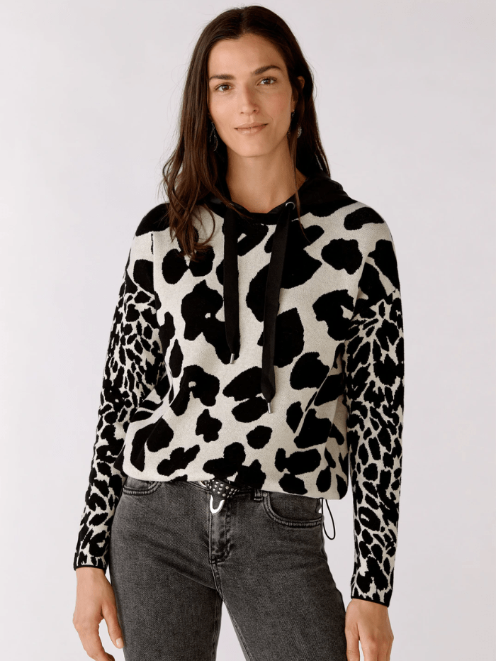 Oui Knitwear Oui Black White Animal Print Hoodie 76912 0991 izzi-of-baslow